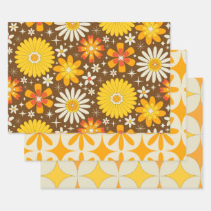Retro 70s Groovy Flowers with Atomic Starbursts Wrapping Paper Sheet
