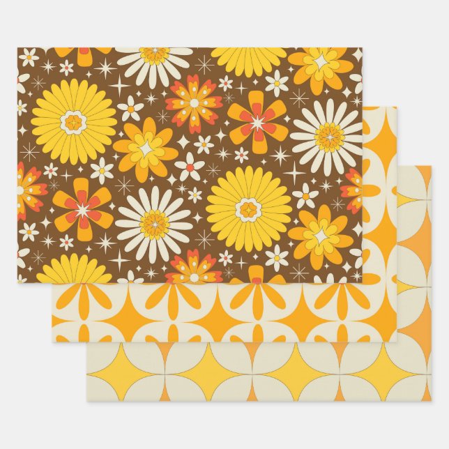 Retro 70s Groovy  Flowers with Atomic Starbursts  Wrapping Paper Sheet (Set)