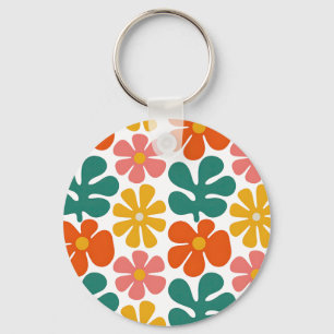 Retro 70s Groovy Folk Art Floral Pattern Key Ring