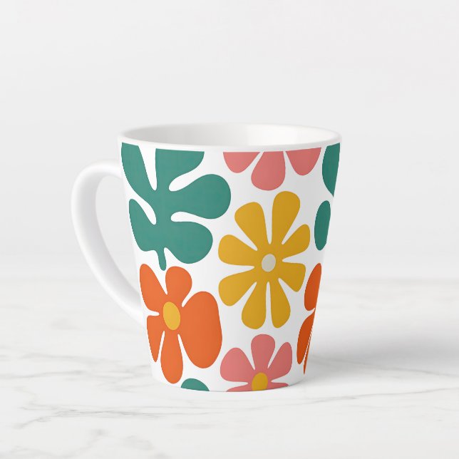 Retro 70s Groovy Folk Art Floral Pattern Latte Mug (Left Angle)