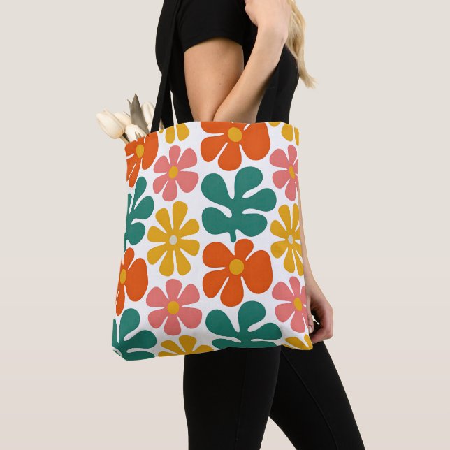 Retro 70s Groovy Folk Art Floral Pattern Tote Bag (Close Up)