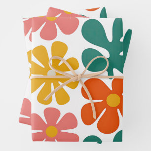 Retro 70s Groovy Folk Art Floral Pattern Wrapping Paper Sheet