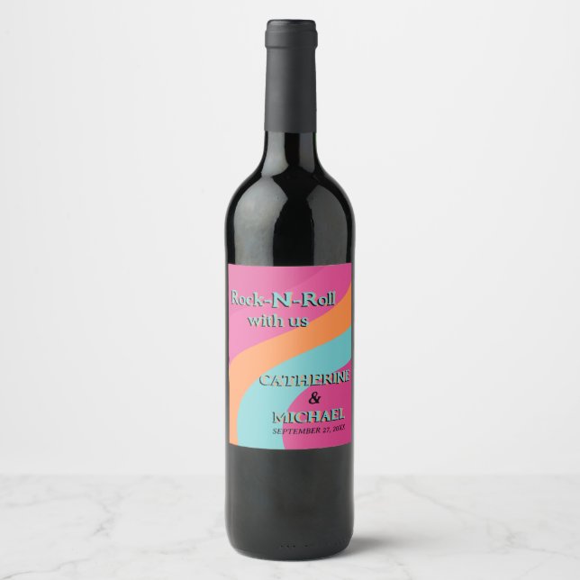 Retro 70s Groovy Fuchsia Fun Wedding  Wine Label (Front)