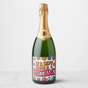 Retro 70s Groovy Happy Birthday Greeting  Sparkling Wine Label