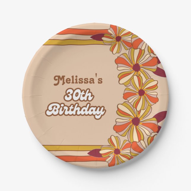 Retro 70s Groovy Hippie Flower 30th Birthday  Paper Plate (Front)
