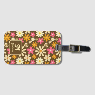 Retro 70s Groovy Hippie Flower Monogram Luggage Tag
