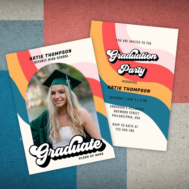 Retro 70s Groovy Modern Arch Photo Graduation Invitation (Creator Uploaded)