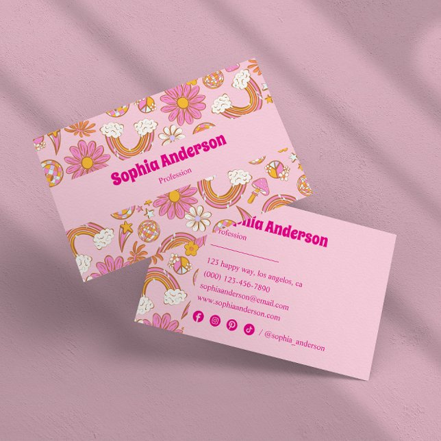 Retro 70s Groovy Pink Floral & Rainbow Funky Business Card (Creator Uploaded)
