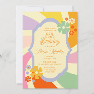 Retro 70s Groovy Wave Flower 85th Birthday Invitation