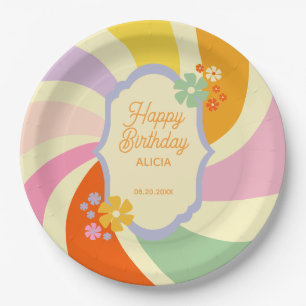 Retro 70s Groovy Wave Flower Happy Birthday Paper Plate