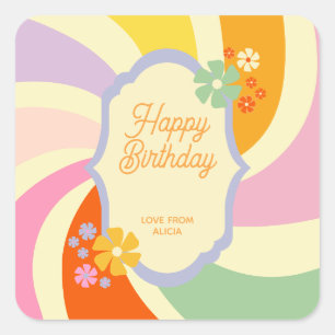 Retro 70s Groovy Wave Flower Happy Birthday Square Sticker