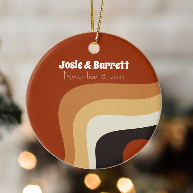 Retro 70s Groovy Wedding Couple Photo Christmas Ceramic Tree Decoration (Creator Uploaded)