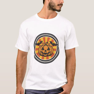 Retro 70s Halloween Pumpkin Bat Badge T-Shirt