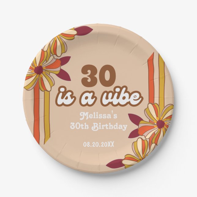 Retro 70s Hippie Flower 30th Birthday Paper Plate (Front)