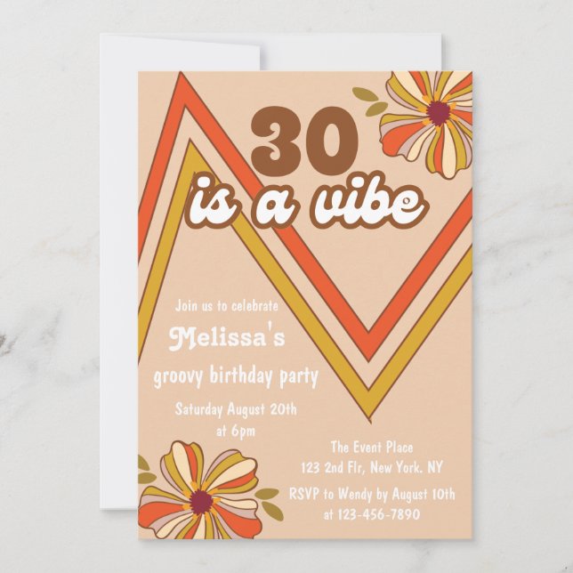 Retro 70s Hippie Flower Zigzag 30th Birthday Invitation (Front)