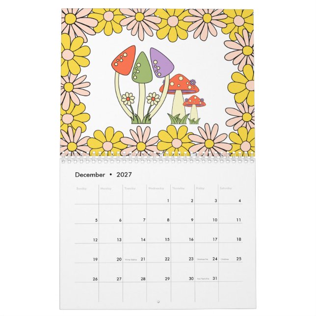 Retro 70s Hippie Groovy Mushroom & Flower Calendar (Dec 2027)