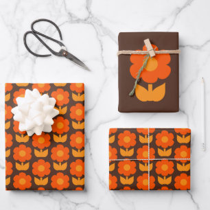 Retro 70s Jonnty Flower Pattern Orange & Brown Wrapping Paper Sheet