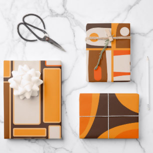 Retro 70s Mid Century Modern Abstract Brown Orange Wrapping Paper Sheet