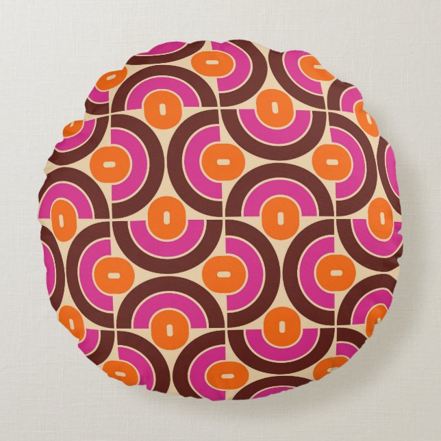 Retro 70s Mid Mod Geometric Pattern Round Cushion (Front)
