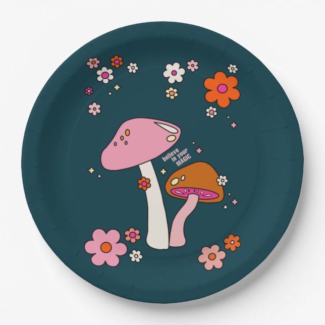 Retro 70s Mushrooms And Flowers Navy Blue Paper Plate (Front)