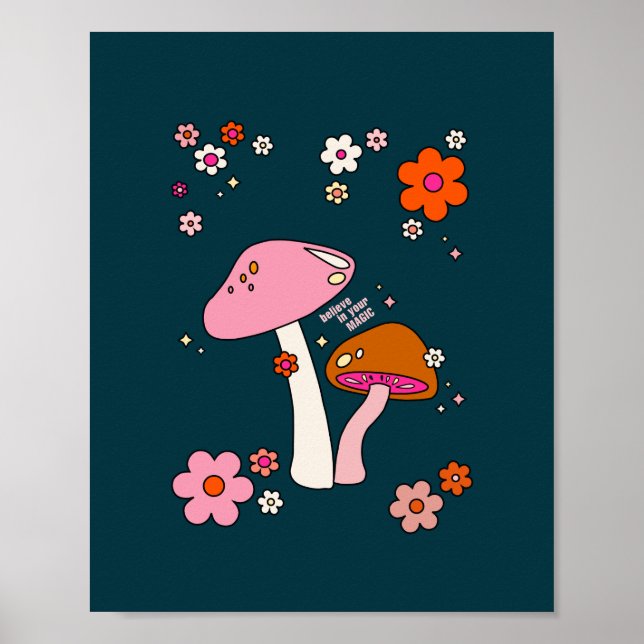 Retro 70s Mushrooms And Flowers Navy Blue Poster (Front)