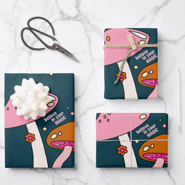 Retro 70s Mushrooms And Flowers Navy Blue Wrapping Paper Sheet (Front)