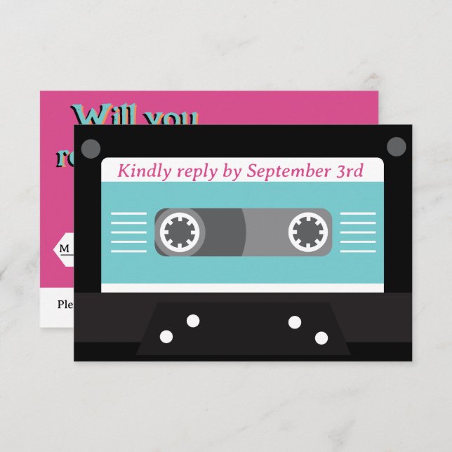 Retro 70s Music Cassette Tape Groovy Fuchsia Fun I RSVP Card (Front/Back)
