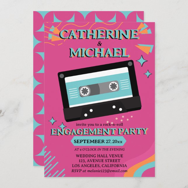 Retro 70s Music Cassette Tape Groovy Fuchsia Fun Invitation (Front/Back)