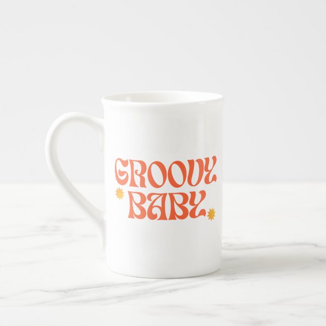 Retro 70s Mustard Orange Black Hippie Groovy Baby Bone China Mug (Left)