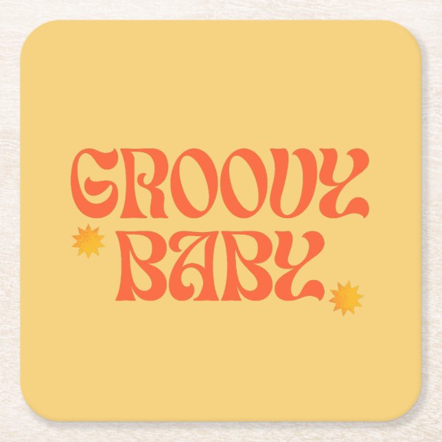 Retro 70s Mustard Orange Hippie Groovy Baby Square Paper Coaster (Front)
