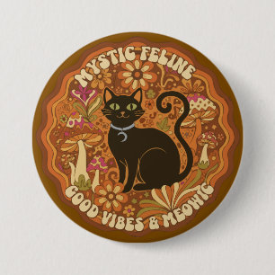 Retro 70s Mystic Feline Groovy Black Cat & Mushroo 7.5 Cm Round Badge