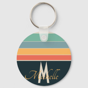 Retro 70s Navy Blue & Pink Stripes Custom Name Key Ring