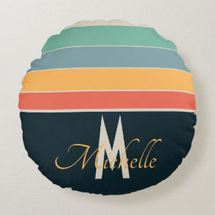 Retro 70s Navy Blue & Pink Stripes Custom Name Round Cushion