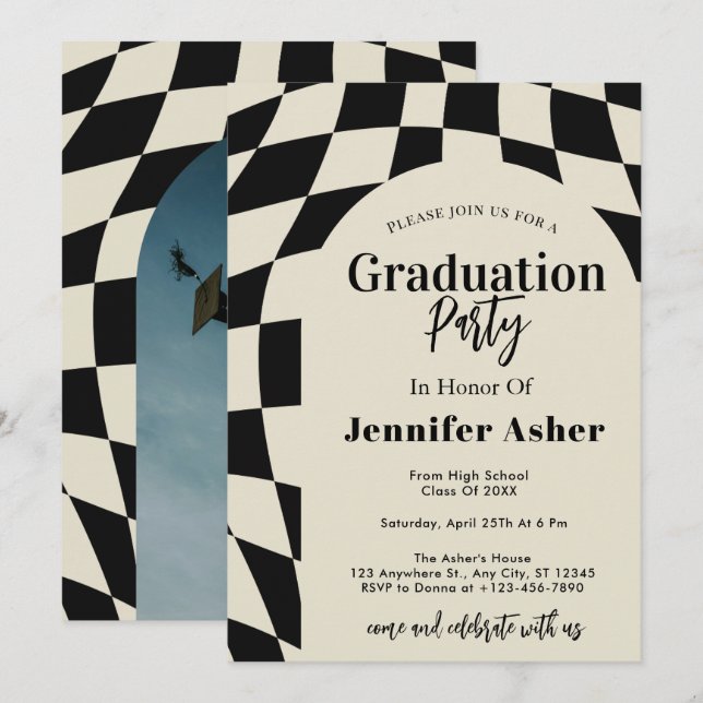 Retro 70s Navy Chequered Arch Photo Graduation Invitation (Front/Back)
