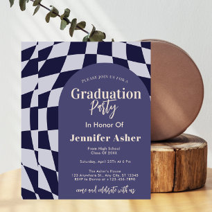 Retro 70s Navy Chequered Arch Photo Graduation Invitation