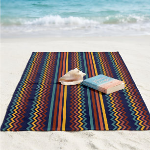 Retro 70s Navy Red & Yellow Geometric Stripe Beach Towel