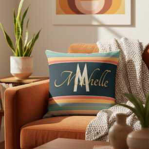 Retro 70s Navy & Teal Striped Mustard Custom Name Cushion