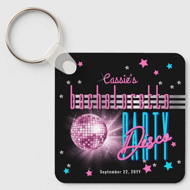Retro 70's Neon Look Disco Ball Bachelorette Key Ring (Front)