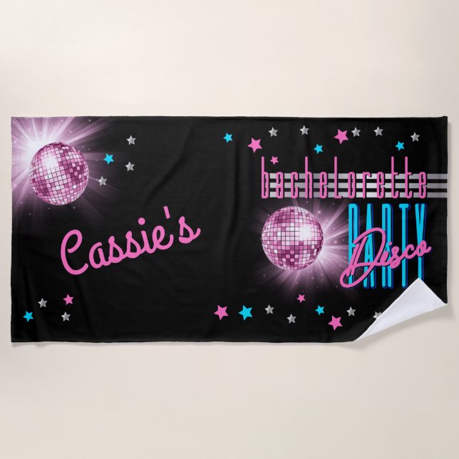 Retro 70's Neon Look Disco Ball Bachelorette Party Beach Towel (Front)