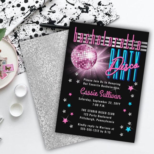 Retro 70's Neon Look Disco Ball Bachelorette Party Invitation (Retro 70's Neon Look Disco Ball Bachelorette Party Invitation)