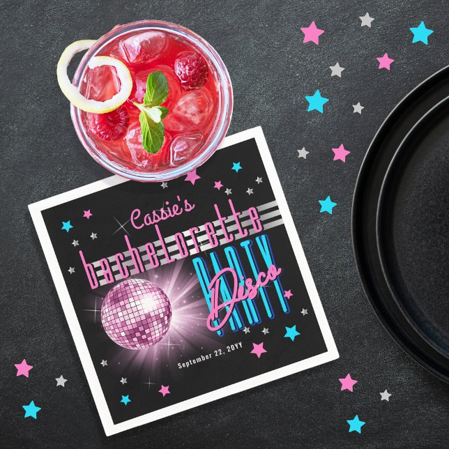Retro 70's Neon Look Disco Ball Bachelorette Party Napkin (Retro 70's Neon Look Disco Ball Bachelorette Party Cocktail Napkins)