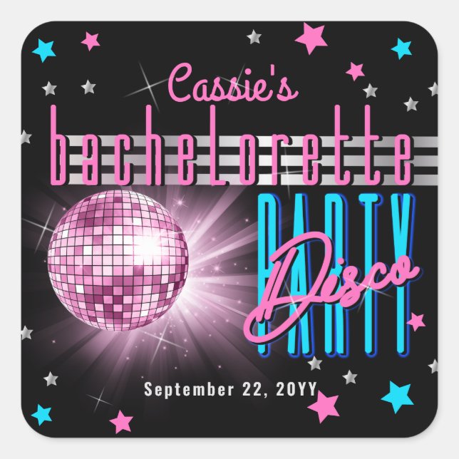 Retro 70's Neon Look Disco Ball Bachelorette Square Sticker (Front)