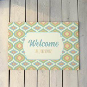 Retro 70s Ogee Danish Pastel Welcome Family Name Doormat