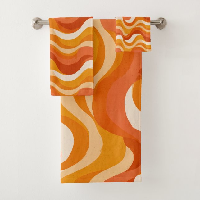 Retro 70s Orange Mustard Wave Abstract Pattern Bath Towel Set (Insitu)