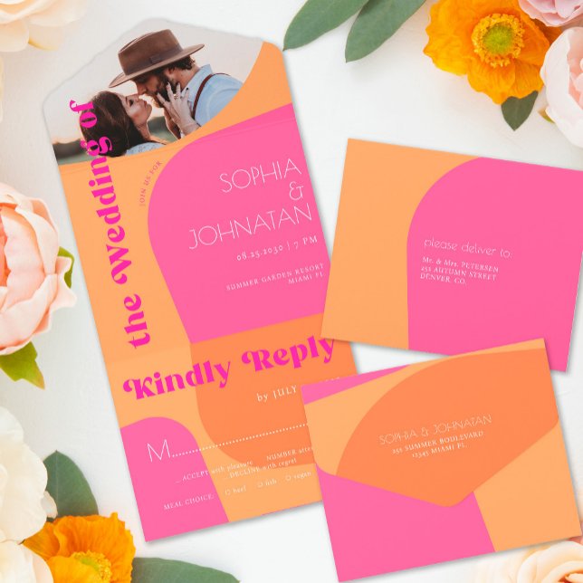 Retro 70s orange pink abstract PHOTO wedding rsvp All In One Invitation (Creator Uploaded)