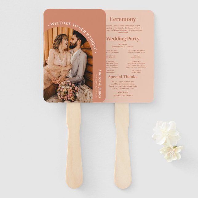 Retro 70s Orange Terracotta Disco Wedding Program Hand Fan (Front and Back)