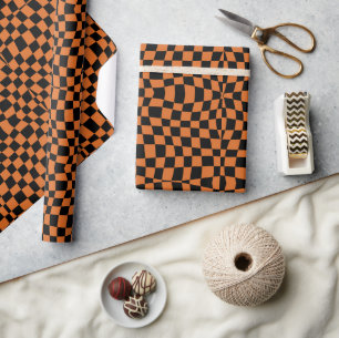 Retro 70s Orange wavy checkered Pattern Wrapping Paper