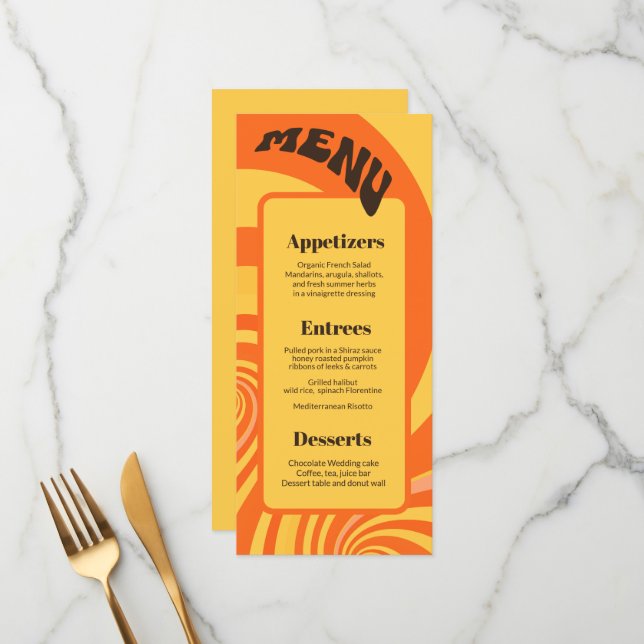 Retro 70s Orange Yellow  3 course Wedding Menu (Front/Back In Situ)
