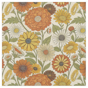 Retro 70s Orange Yellow Daisy Floral Boho Pattern Fabric