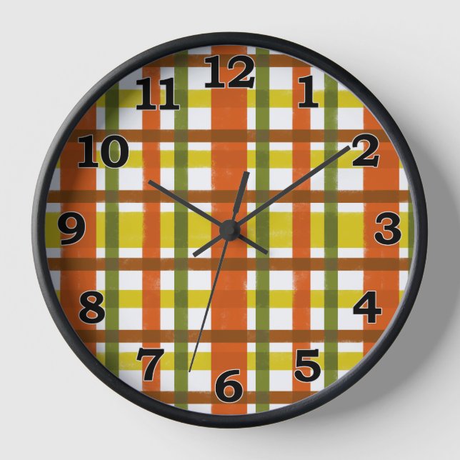 Retro 70s Orange Yellow Plaid Wall Clock (Front)